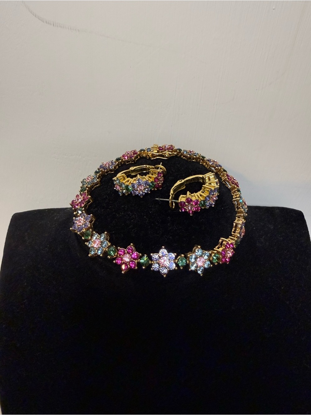 Joan Rivers Vintage Flower Tennis Bracelet & Hoop Earring Set Gold Tone Crystals